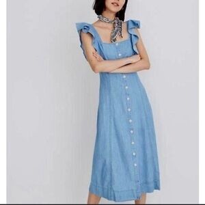 Madewell Blue Chambray Button Up Flutter Sleeve Midi Dress 4P